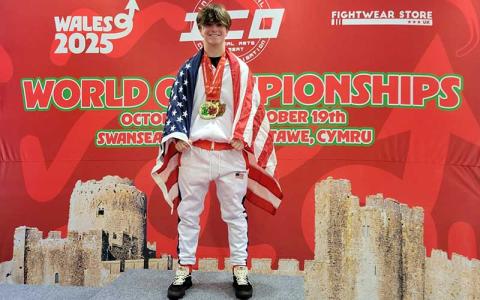 Photo submitted - Franklin High School sophomore Cooper Rogers shows off his numerous medals at the International Combat Organisation World Championships in Swansea, Wales, last month.