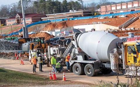 Photo/Bob Scott - Contractors on the Franklin High School construction site have poured concrete for multiple parts of the new campus facilities. Carroll Daniels Superintendent Joey Cain said the last two big pours came out to around 260 cubic yards of concrete with 9,800 cubic yards poured to date.