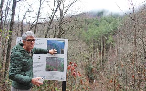 Press photo/Shelby Powell - Dr. John Walker explains the history of a white pine forest experiment that demonstrated the ability of forests to reduce streamflow and the tendency of pine forests to use more water than hardwood forests.