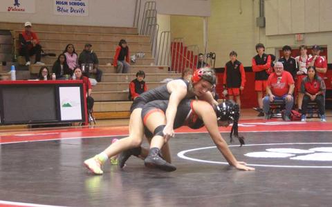 Press file photo - Promising freshman Bri Dezarn battles a wrestler from Pisgah Dec. 9.