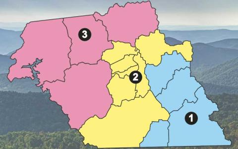 Press graphic - Macon County’s current voting districts with the Board of Commissioners made up of one representative each from District 1 and District 3 and three representatives from District 2.