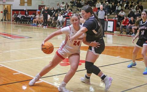 Sophomore Finley Moffitt backs down a defender versus Andrews Jan. 5. (Press file photo)