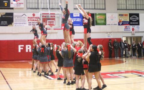 Press file photo. Franklin High and Macon Middle Schools’ cheer teams take part in a special performance at an FHS home basketball game Feb. 6. 