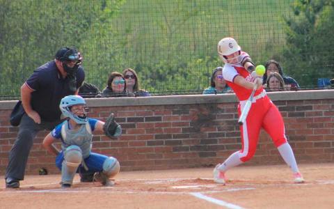 Kendall Rumans belts a first-inning double versus Smoky Mountain April 21. In helping Franklin to a six-win streak, the senior has broken team records for career doubles (47) and runs scored (135) as well as a WNC record for career RBIs (159). (Press photo/Will Woolever)