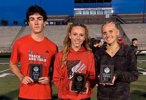 (From left) Men's Track MVP Jonas Phillips, Women's Track MVP Anna Timan and Women's Field MVP Kamden Reis show off their plaques after the Mountain Eight Conference Championship meet at North Henderson April 30. (Press photo/Will Woolever)