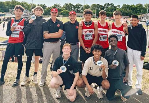 Members of MMS boys track and field show off their various medals at the NCRunners Middle School All-State meet in Concord May 2. (Photo submitted)