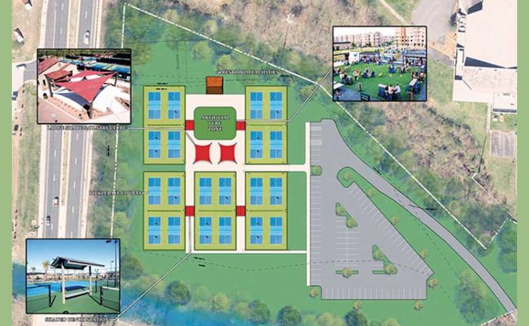 Drawing courtesy of Macon County - A new plan for the pickleball courts will establish 20 courts with green and blue pavement, two shade structures and an artificial turf zone for recreation and events with restrooms at the north end. A paved parking area is planned on the east side of the complex. The courts will take the place of the old softball field at the Rec Park, below Wendy's and across the creek from the community building.