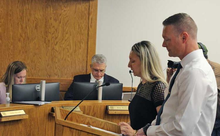 Press photo/Shelby Powell - Macon County School Chief Financial Officer Alayna Ledford and Superintendent Josh Lynch speak to the Macon County Board of Commissioners during a May 21 budget work session.