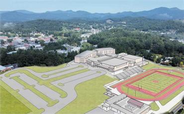 A computer-generated graphic showing an aerial view of the proposed new Franklin High School. Design drawings of the interior plan and the stadium are post on the website and The Franklin Press Facebook page.