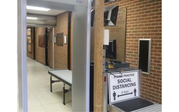 Press photo/Thomas Sherrill The unused X-ray and scanning station at the second-floor public entrance to the Macon County Courthouse. 