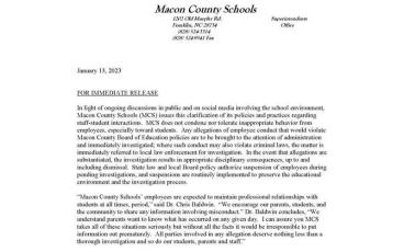 Source/Macon County Schools Macon County Schools issued this statement on Jan. 13 concerning an incident at Iotla Valley Elementary School.