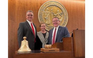 Photo submitted Rep. Karl Gillespie (left) and his wife, Janet, with House Speaker Tim Moore at the Jan. 11 swearing-in ceremony for the N.C. General Assembly.