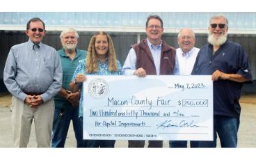 Press photo/Thomas Sherrill  - (From left) Tex Corbin, Alvin Doster, Sherry Cook, Sen. Kevin Corbin, Chuck Sutton and Dennis Conley celebrate the $250,000 state appropriation the fair is slated to receive.