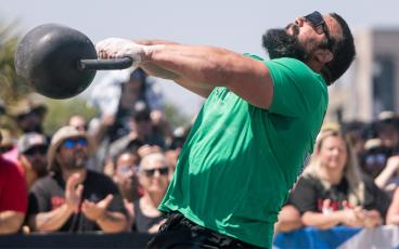 Photo courtesy of World’s Strongest Man/Todd Burandt.  Franklin native Thomas Evans hurls a roughly 50-lb. kettlebell at this summer’s World’s Strongest Man competition in Myrtle Beach.