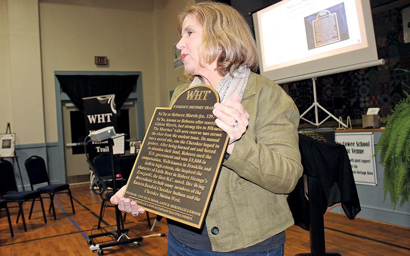 Press photo/Jake Browning - Marty Greeble presents the next plaque for the Women’s History Trail, which will commemorate the life of Rebecca Na’Ha Morris.