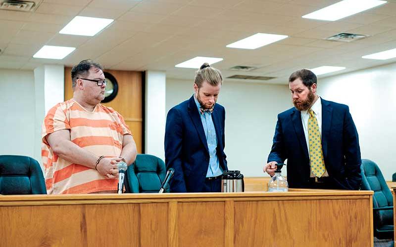 Photo submitted - Kenneth Wayne Underwood, left, defense attorney Andy Kite and assistant district attorney John Hindsman Jr. are shown in Macon County Superior Court on Monday, April 13.