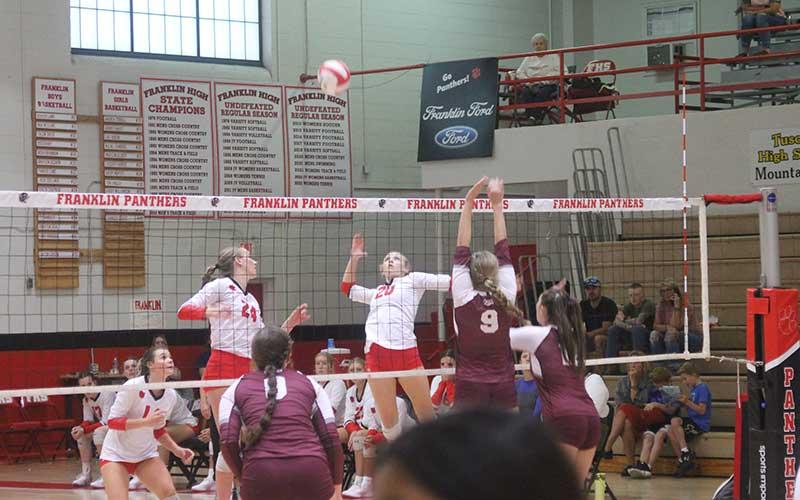Junior outside hitter/defensive specialist Kyrah Bowles attempts a spike during Franklin’s 3-0 home victory over Swain Sept. 18. (Press photo/Will Woolever)