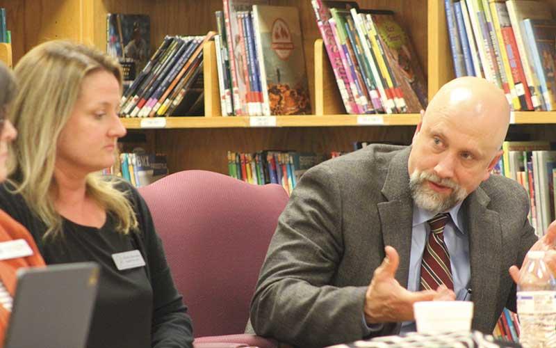 Press photo/Thomas Sherrill - Macon County Board of Education attorney John Henning Jr. talks about the proposed fundraising policy changes during the Oct. 16 meeting at Cartoogechaye Elementary School.